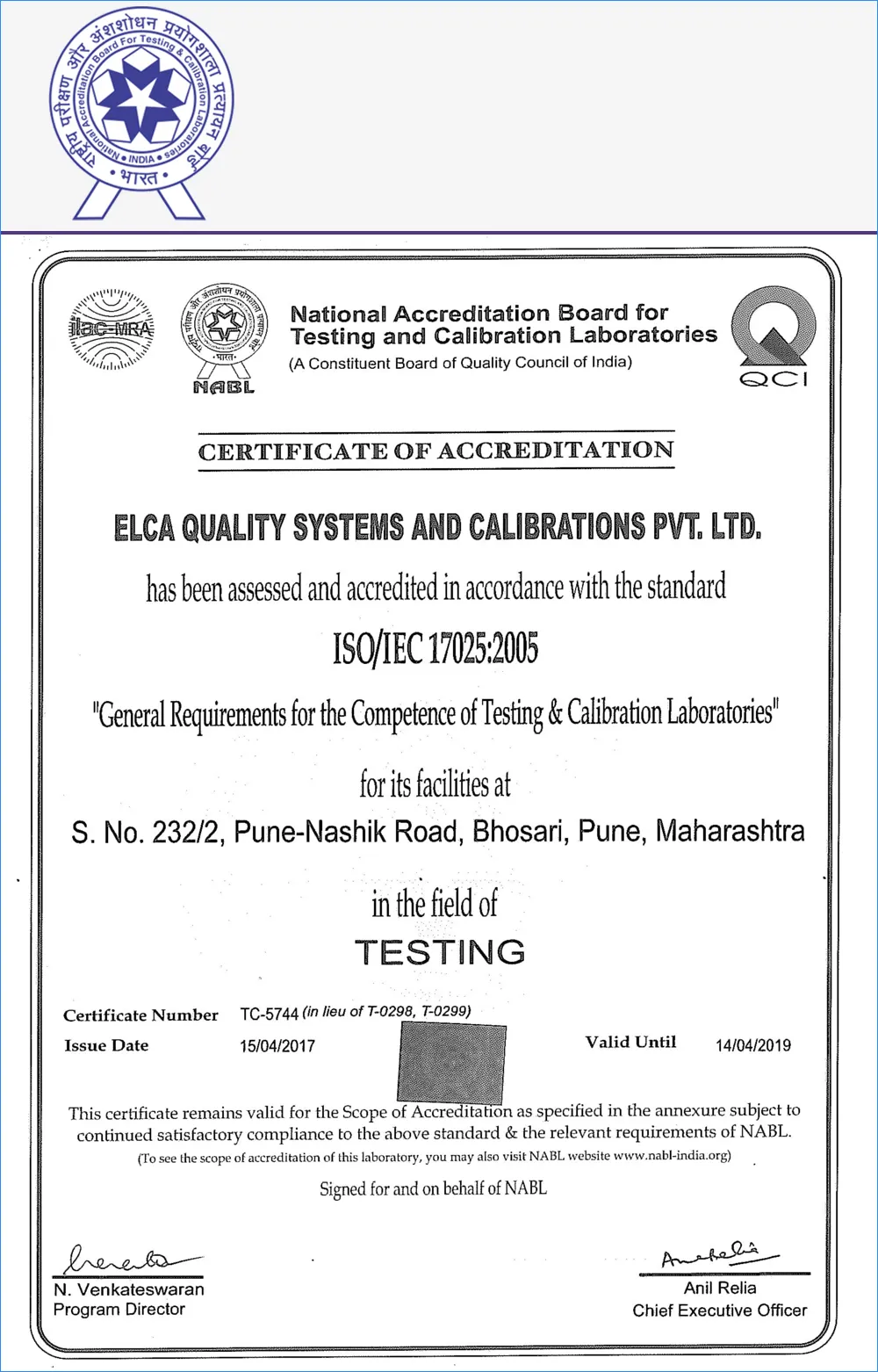 NABL & ROHS Certificate