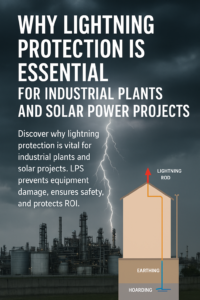 Lightning protection system for industrial plants and solar power projects with lightning rod, earthing, and safety illustration.