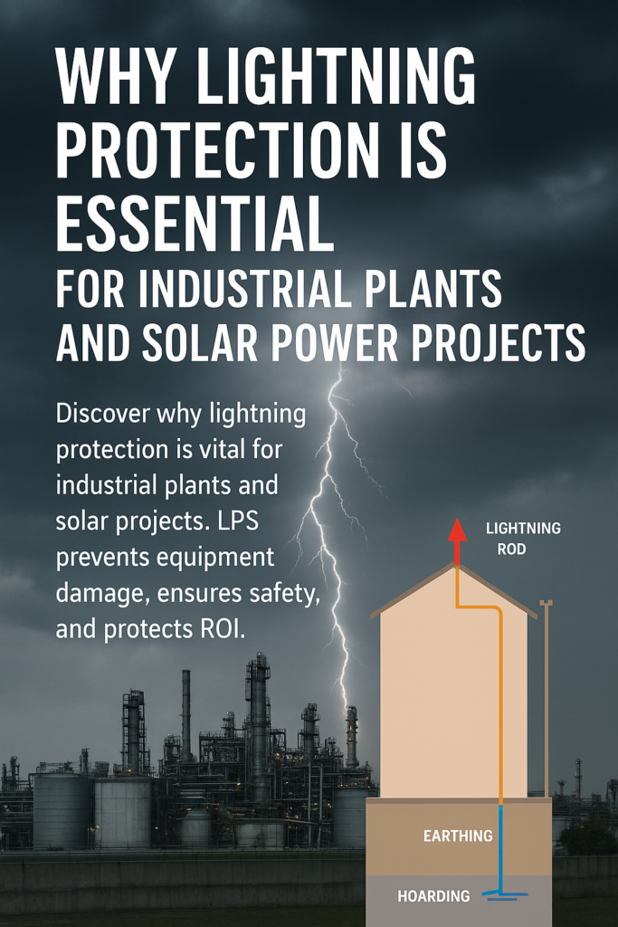 Lightning protection system for industrial plants and solar power projects with lightning rod, earthing, and safety illustration.