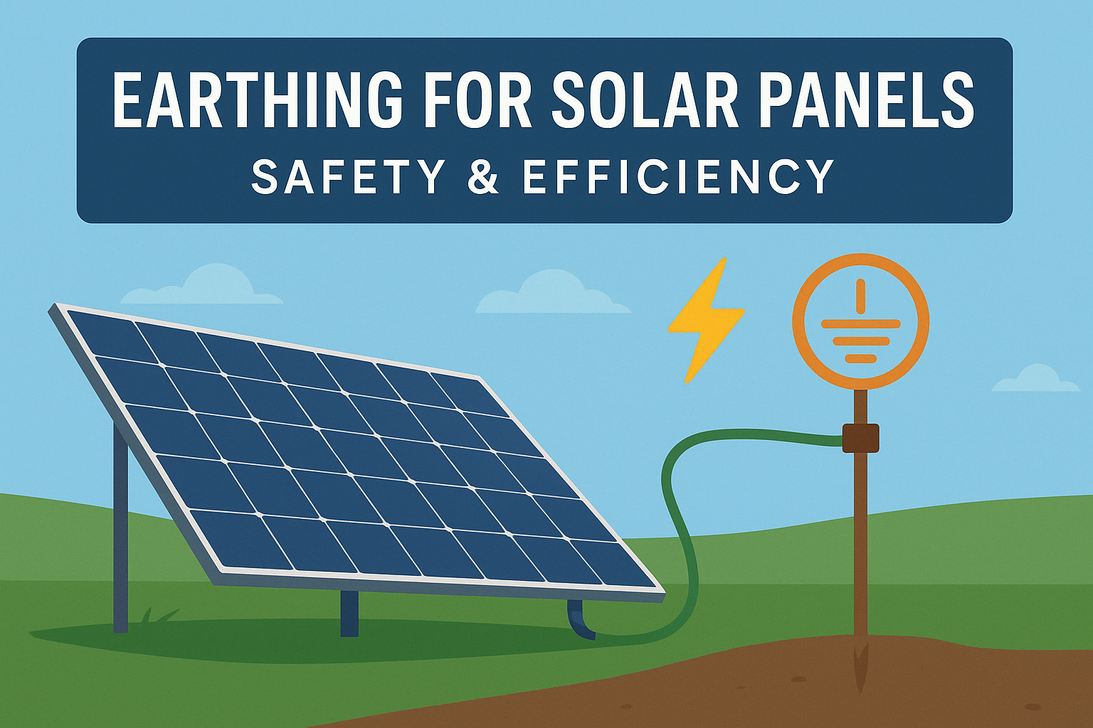 Technical diagram of solar panel earthing system showing grounding rod and cable connection for safety and efficiency in solar installations.