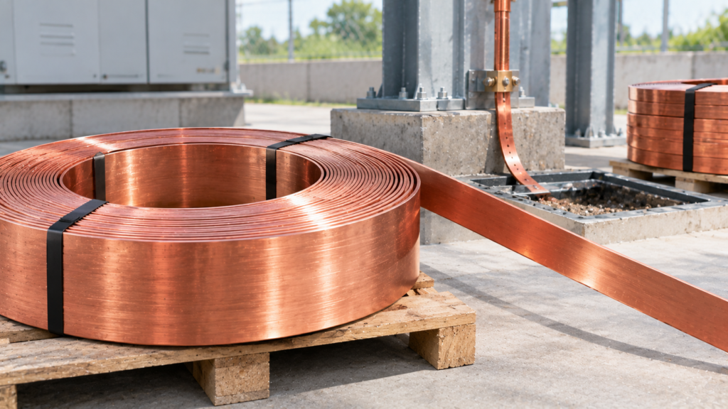 Copper earthing strip alongside a vernier caliper measuring its thickness on a workshop table