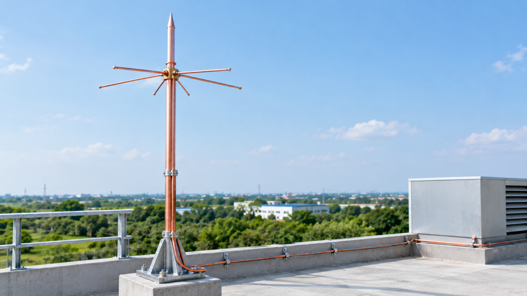 Copper lightning arrester with multiple spikes mounted on a base plate on an industrial building rooftop