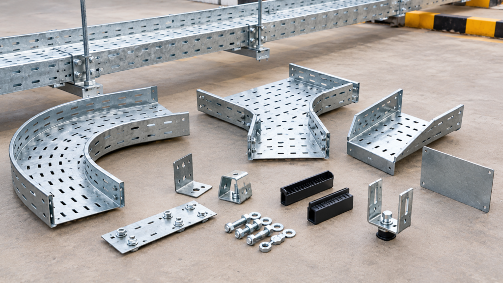 Cable tray run with bends, a tee, couplers and cover plates installed along an industrial plant wall
