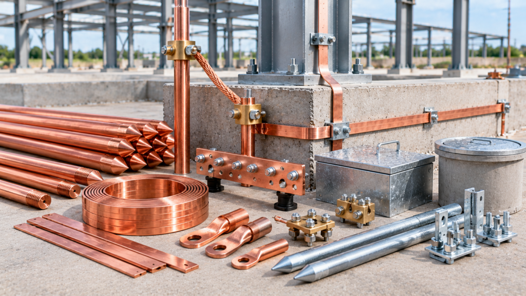 Structural earthing products including GI strips, copper strips, lugs, clamps and earth electrodes on a display table