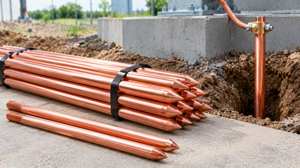 Pure copper earthing electrode rods with a clamp and connecting strip beside an inspection pit at an industrial site