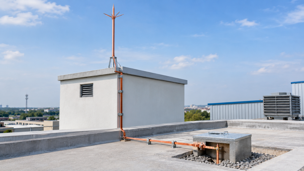 Lightning rods, roof conductors and a down conductor forming a conventional lightning protection system on a building